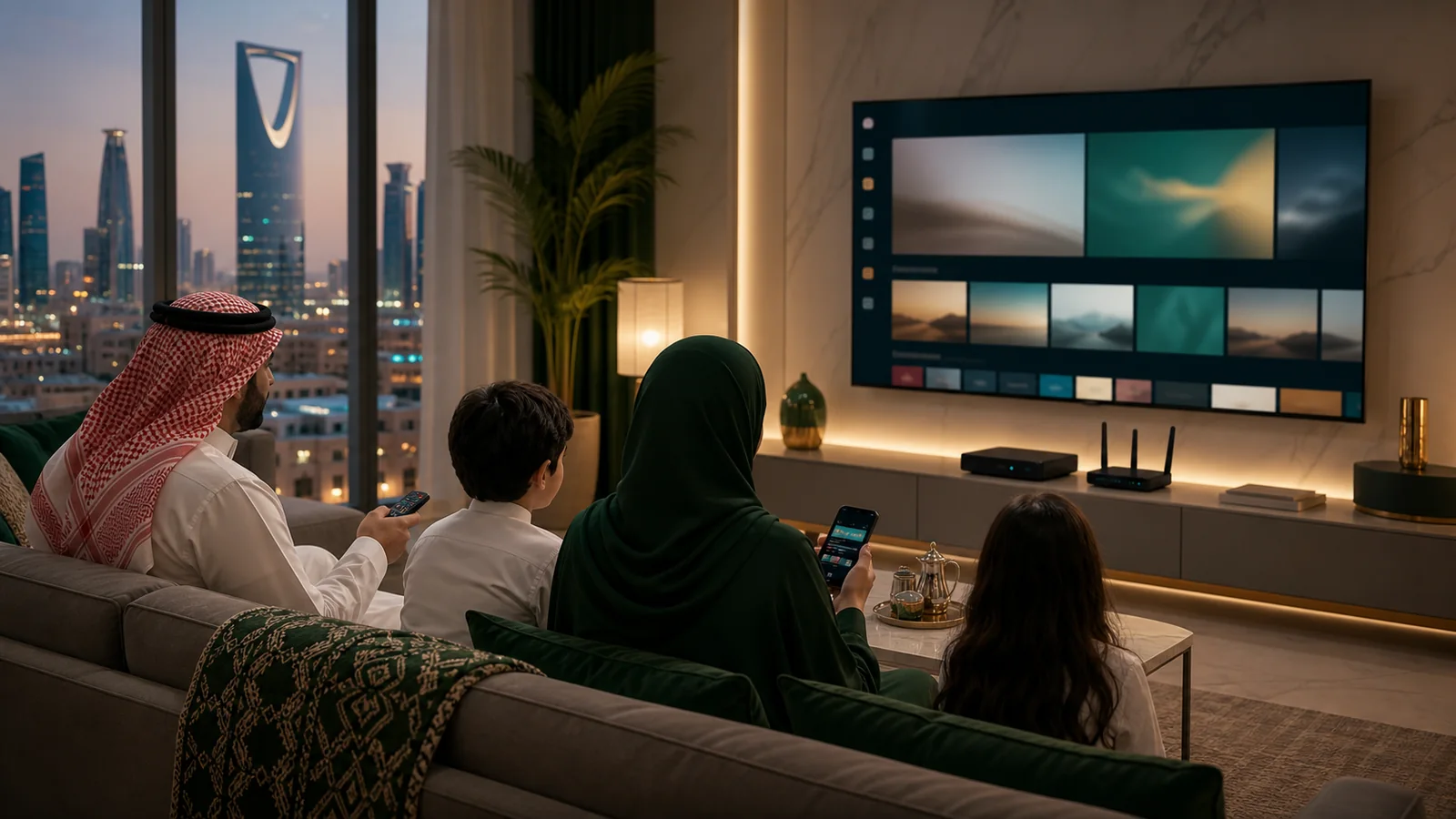 Saudi family using internet television in a modern living room with a Smart TV and router